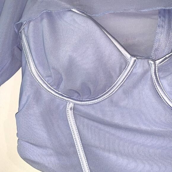 Sheer Mesh Long-Sleeve Corset Style Top With Cutouts Light Blue Size L 95% Polye - Picture 5 of 15